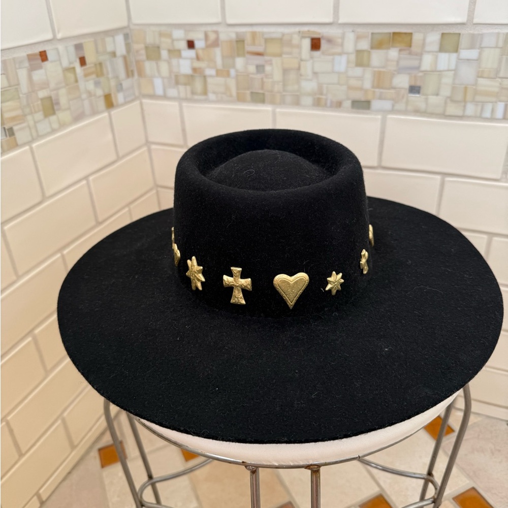 Black Felt Hat with Gold Embellishments
